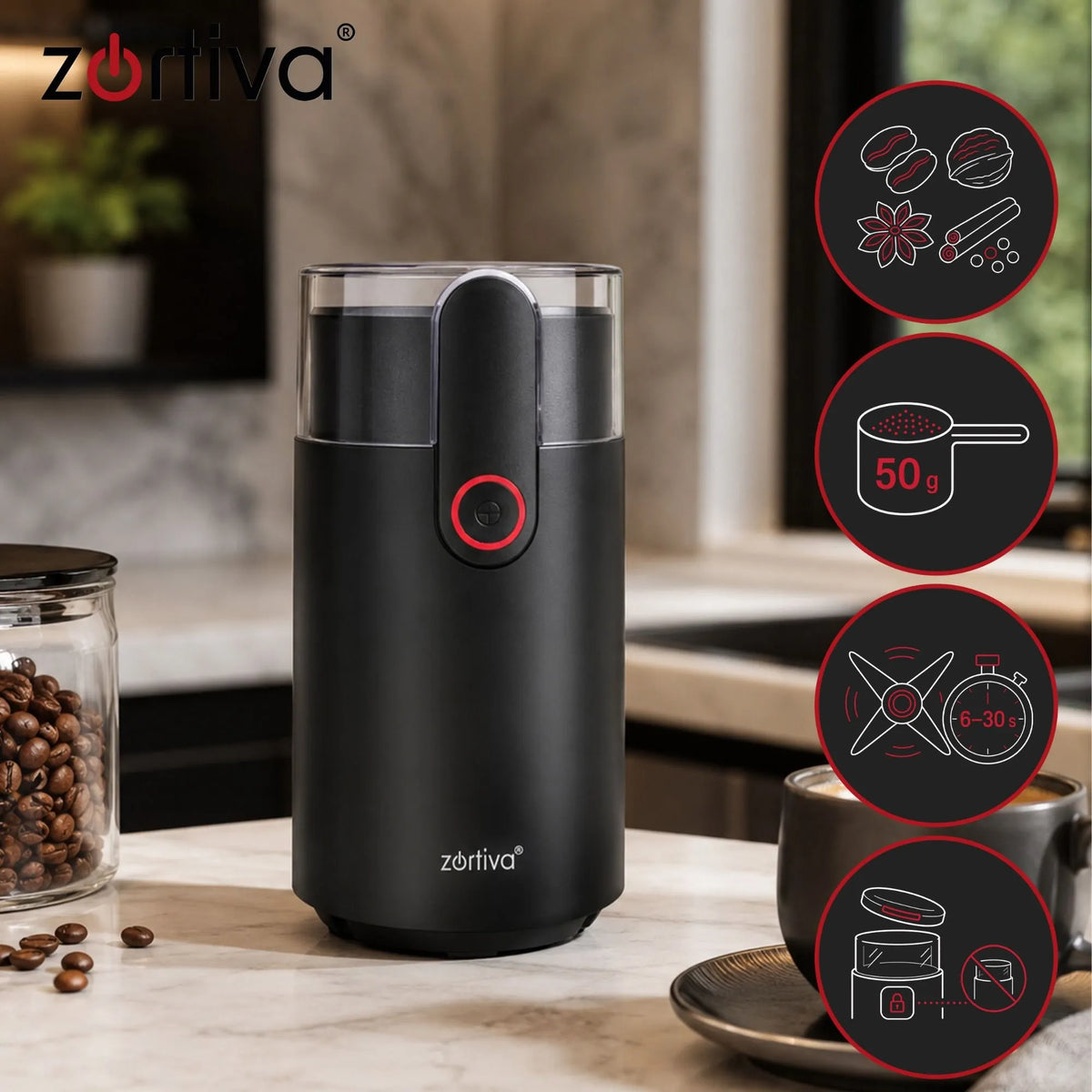 Zortiva elektrische Kaffeemühle 150 W – 50 g Gewürz- und Nussmühle mit Edelstahlklinge, 22.000 U/min